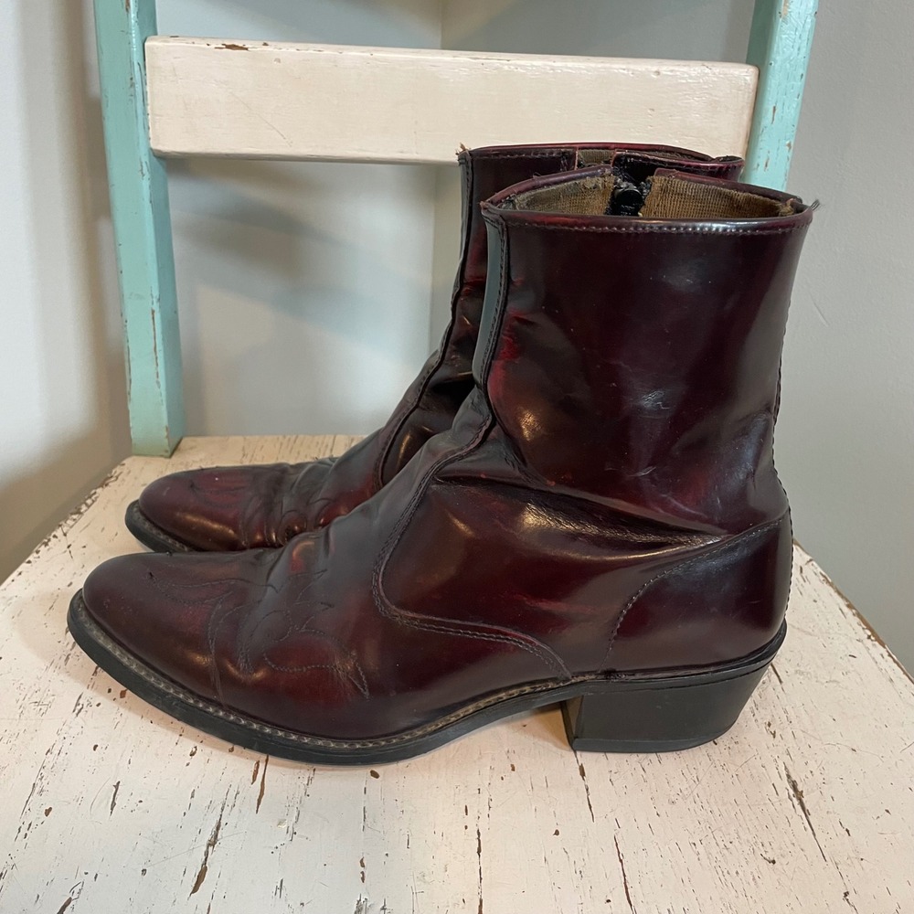 VTG Acme 4448 Mens Burgundy Leather Western Side Zip Ankle Boots 9.5D USA